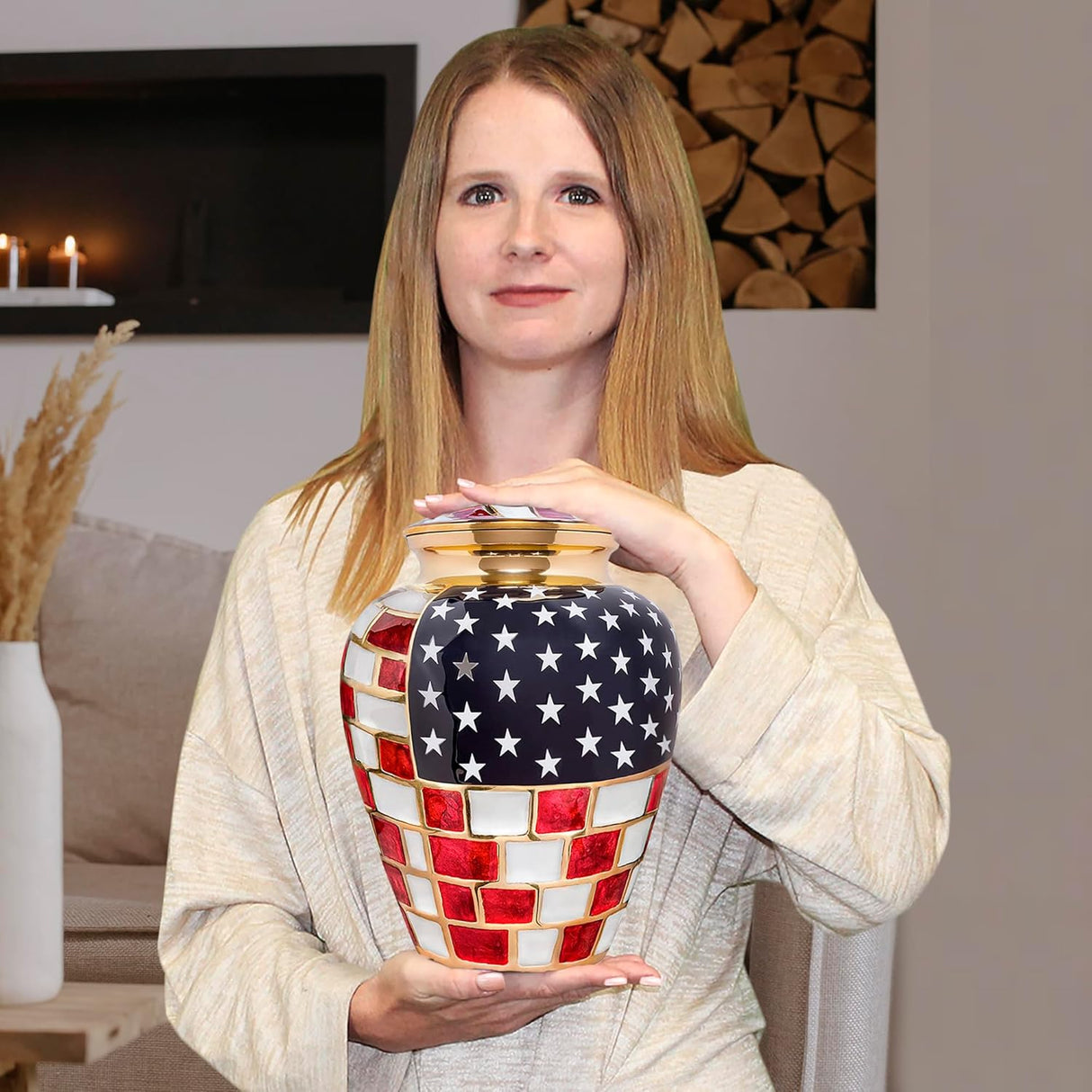 Trupoint Memorials Cremation Urns for Human Ashes, Military and Patriotic Decorative Burial Urn for Veteran Adult Large & Small Urns for Human Ashes Keepsake, Small American Flag with Velvet Heart Box