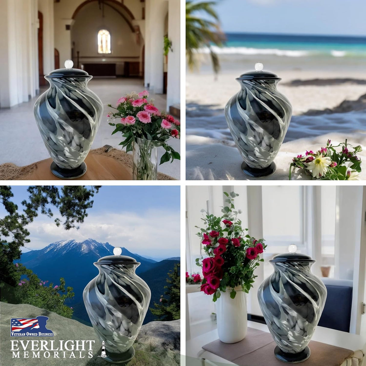 Hand Blown Glass Modern Urn for Ashes Adult Male – Large Cremation Urns for Human Ashes – Memorial Funeral Urn for Men & Women, Home Display, or Burial (Black/Silver, Adult)