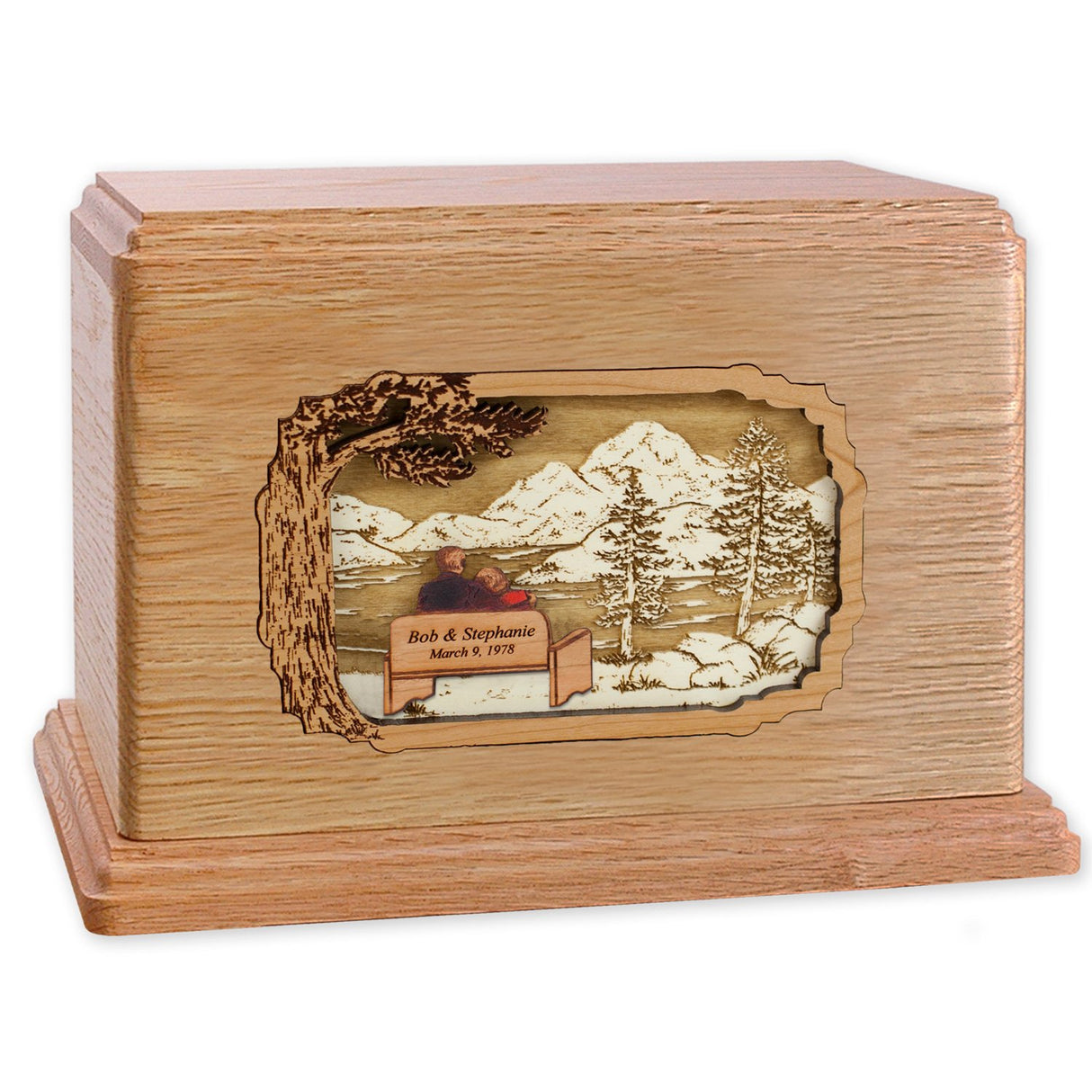 Soulmates Together Forever Wooden Companion Cremation Urn for Two People - Wood Art Inlay Funeral Urn with Couple Together Again on Bench (Companion Urn for Two People, Walnut Custom)