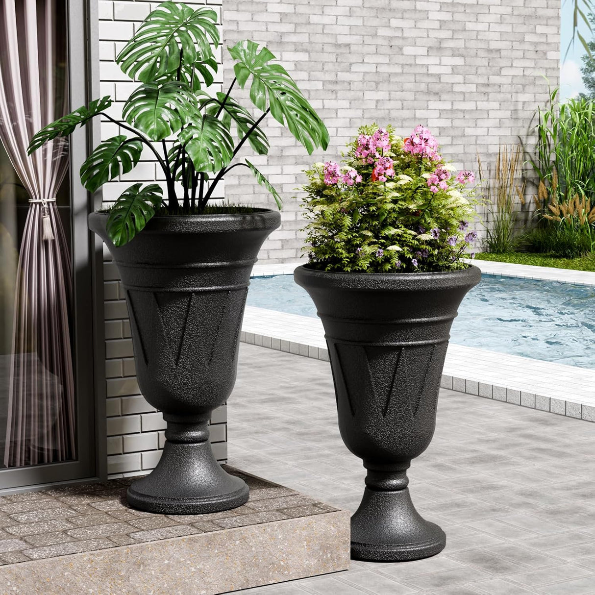 23" Tall Plastic Urn Planter (2-Pack) – Planters for Outdoor Plants with Drainage Holes & Trophy Design, Heavy-Duty Classic Indoor Large Flower Pots for Home Garden, Front Porch & Decor, Black