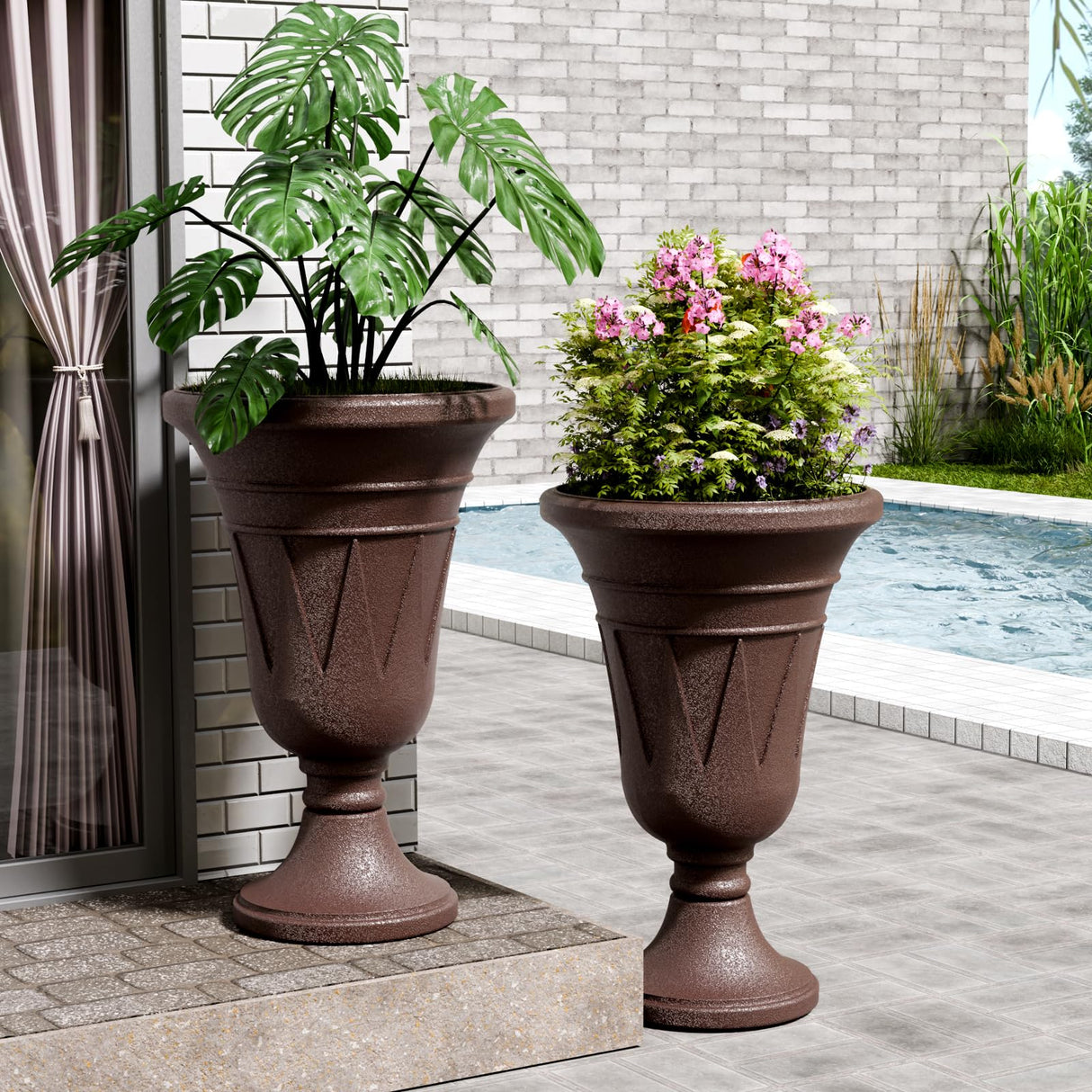 23" Tall Plastic Urn Planter (2-Pack) – Planters for Outdoor Plants with Drainage Holes & Trophy Design, Heavy-Duty Classic Indoor Large Flower Pots for Home Garden, Front Porch & Decor, Black