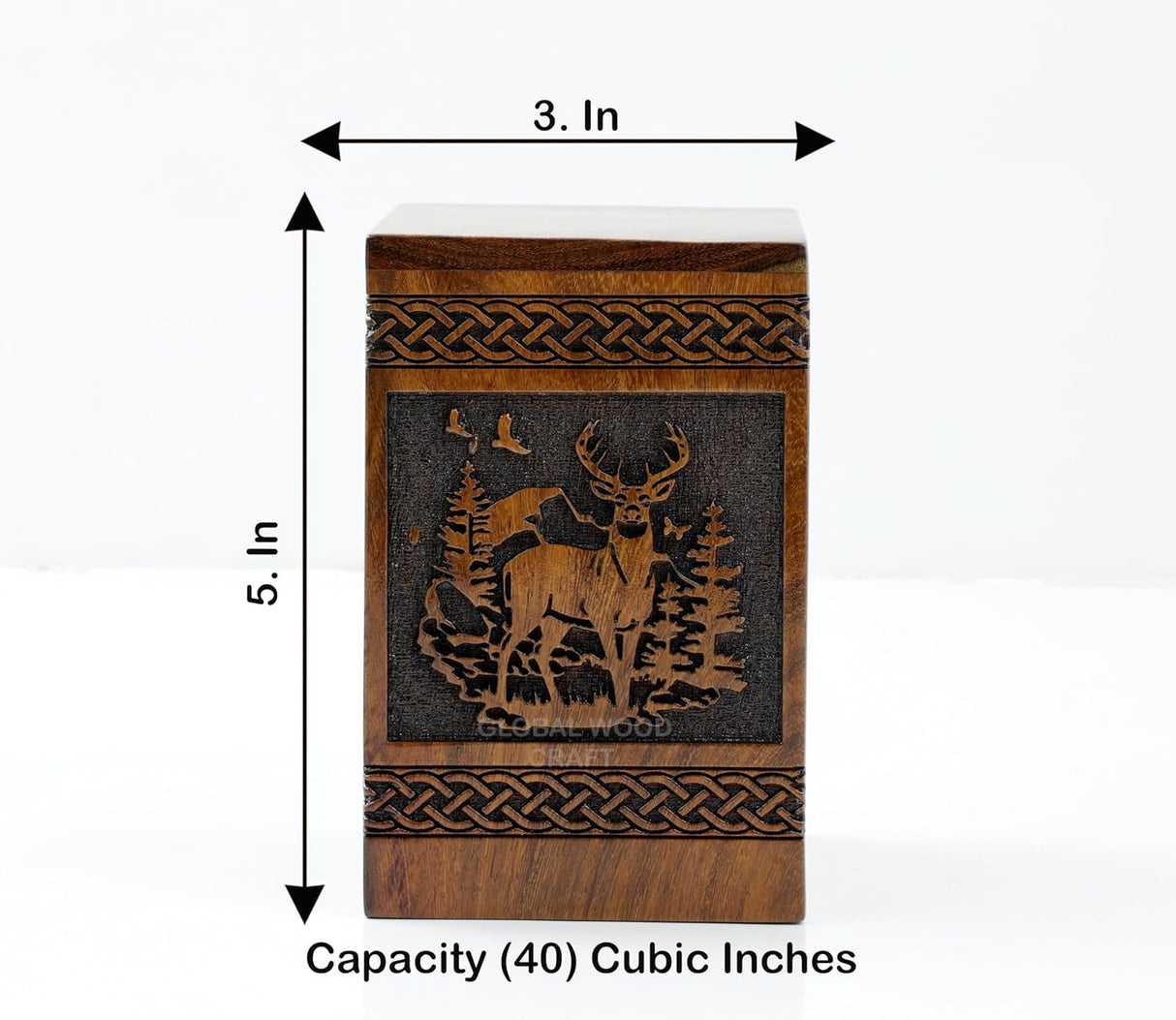 Deer Wooden Urn,Handmade Rosewood Rectangular Urn, Hand Carved Deer and Tree Design, Male Female Ashes,Decorative Urn Size Small 40 Cubic Inches Keepsake