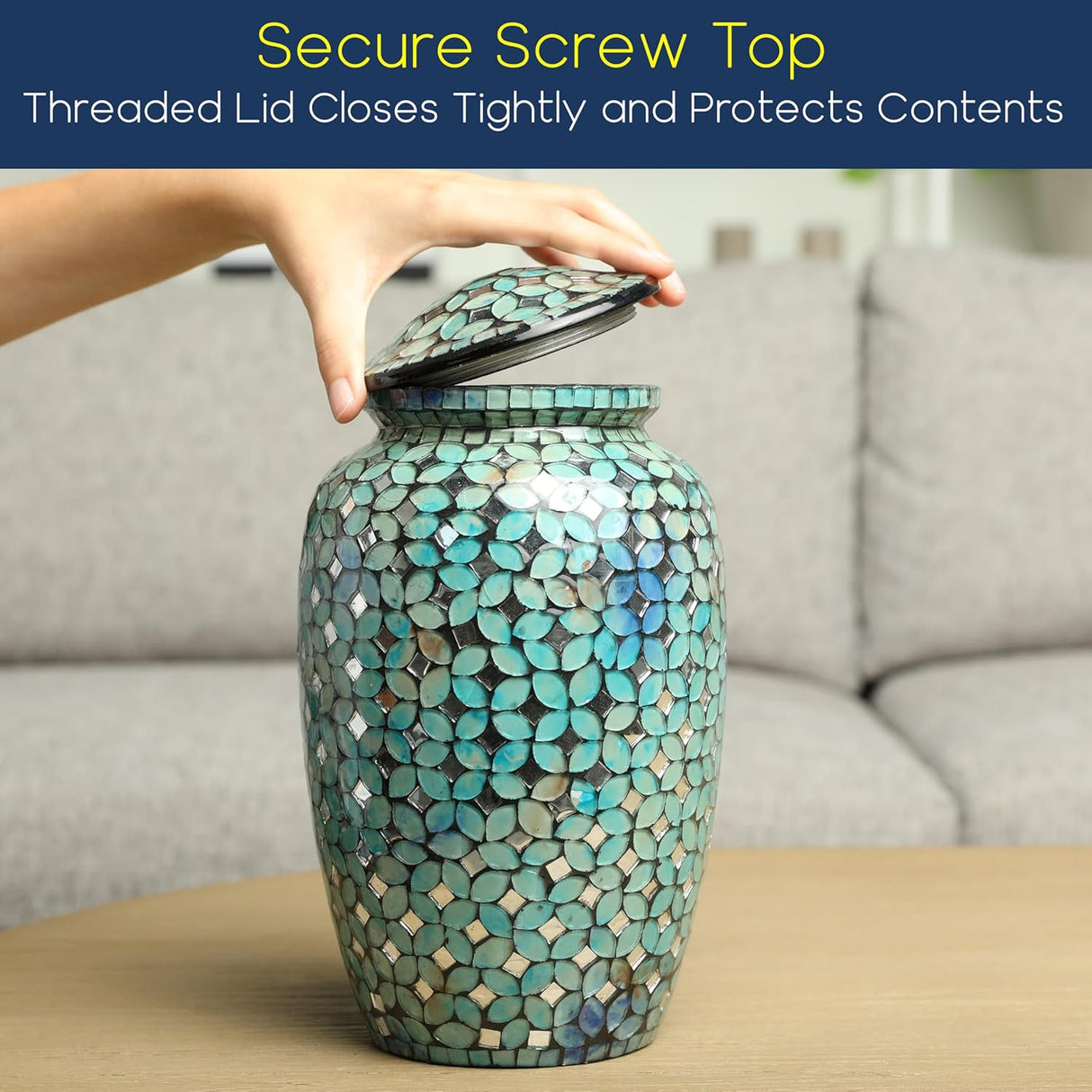 Mosaic Glass Cremation Urn - Hand Made Funeral Urn for Human Ashes - Large Adult Size Burial Urn - Hand Applied Individual Tiles Create a one of a Kind Work of Art - 200 cu in (Blue)