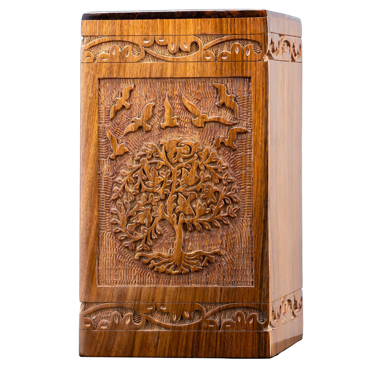 INTAJ Cremation Urns for Ashes – Companion Wooden Tree of Life Urn Box and Casket for Human Ashes of Men, Women, Child, or Pets (Cat/Dog) – Memorial Burial Funeral Urns – Holds 640 Cubic Inches