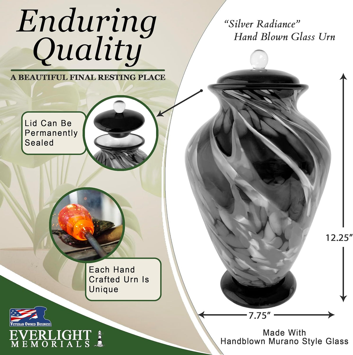 Hand Blown Glass Modern Urn for Ashes Adult Male – Large Cremation Urns for Human Ashes – Memorial Funeral Urn for Men & Women, Home Display, or Burial (Black/Silver, Adult)