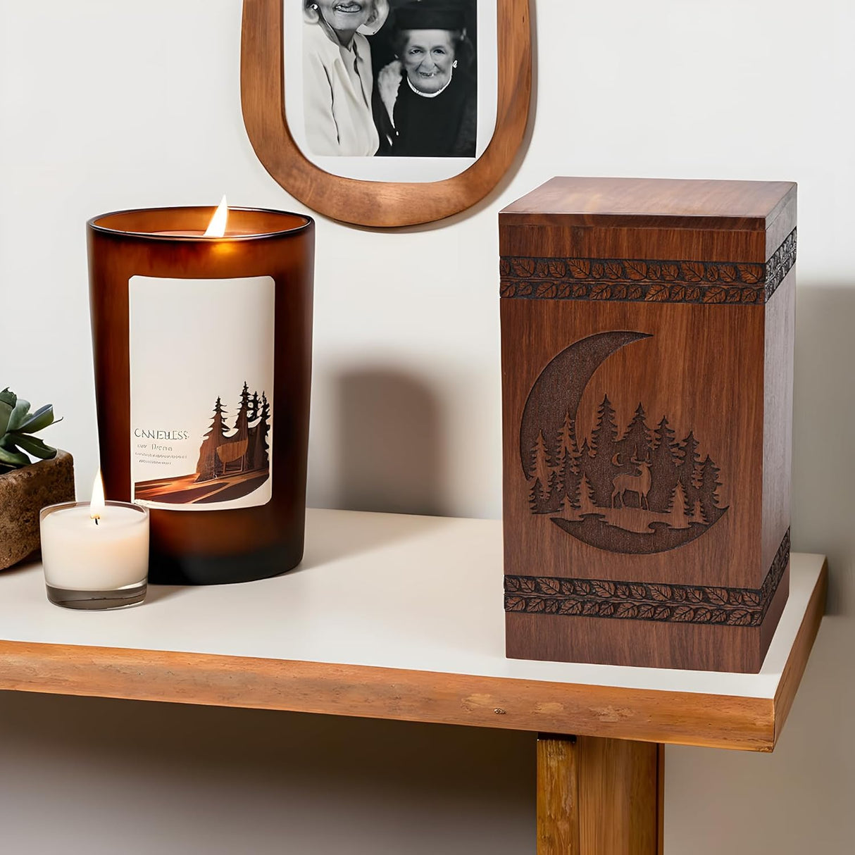 Handcrafted Rosewood Urn for Human Ashes - Beautifull Moon and Deer Tree Wooden Box Cremation Pets Handmade Burial Loving Memories (Rosewood, L(11.25X6.25”)250CU) (Moon-09)