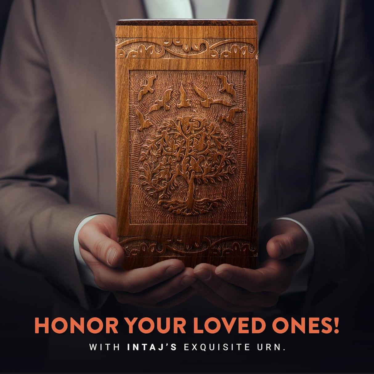 INTAJ Cremation Urns for Ashes – Companion Wooden Tree of Life Urn Box and Casket for Human Ashes of Men, Women, Child, or Pets (Cat/Dog) – Memorial Burial Funeral Urns – Holds 640 Cubic Inches