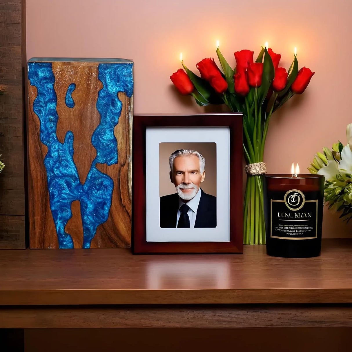 Generic Large Wooden Urn for Cremation, Pinewood & Rosewood, Blue, Floral, Wood Grain Pattern, 3x3x5 Inches, Holds 60 Cubic Inches, Sliding Opening, Glossy Finish, Urn