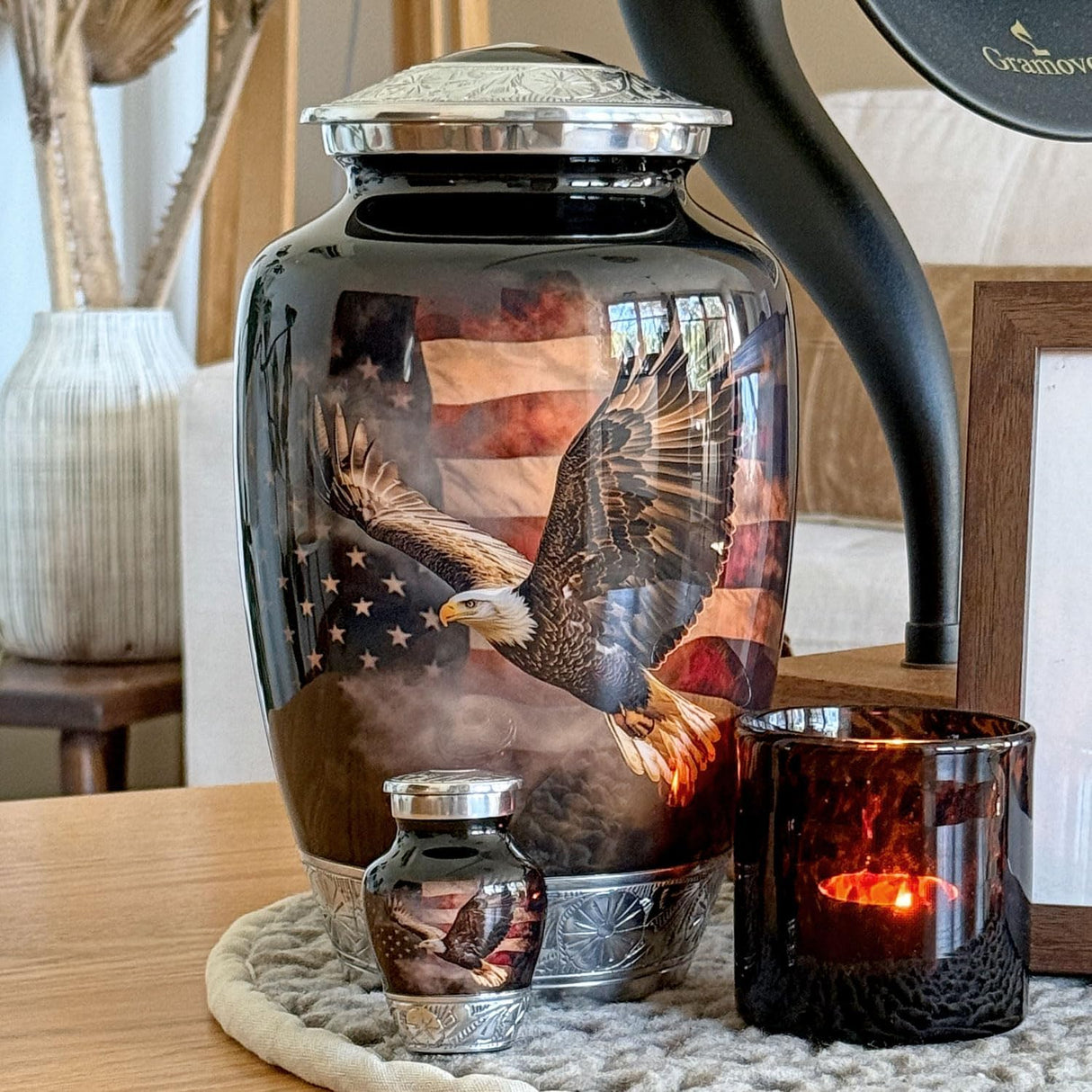 American US Flag Patriotic Eagle Urn for Human Ashes | Large Handcrafted Funeral Memorial | Decorative Cremation Urn for Women and Men