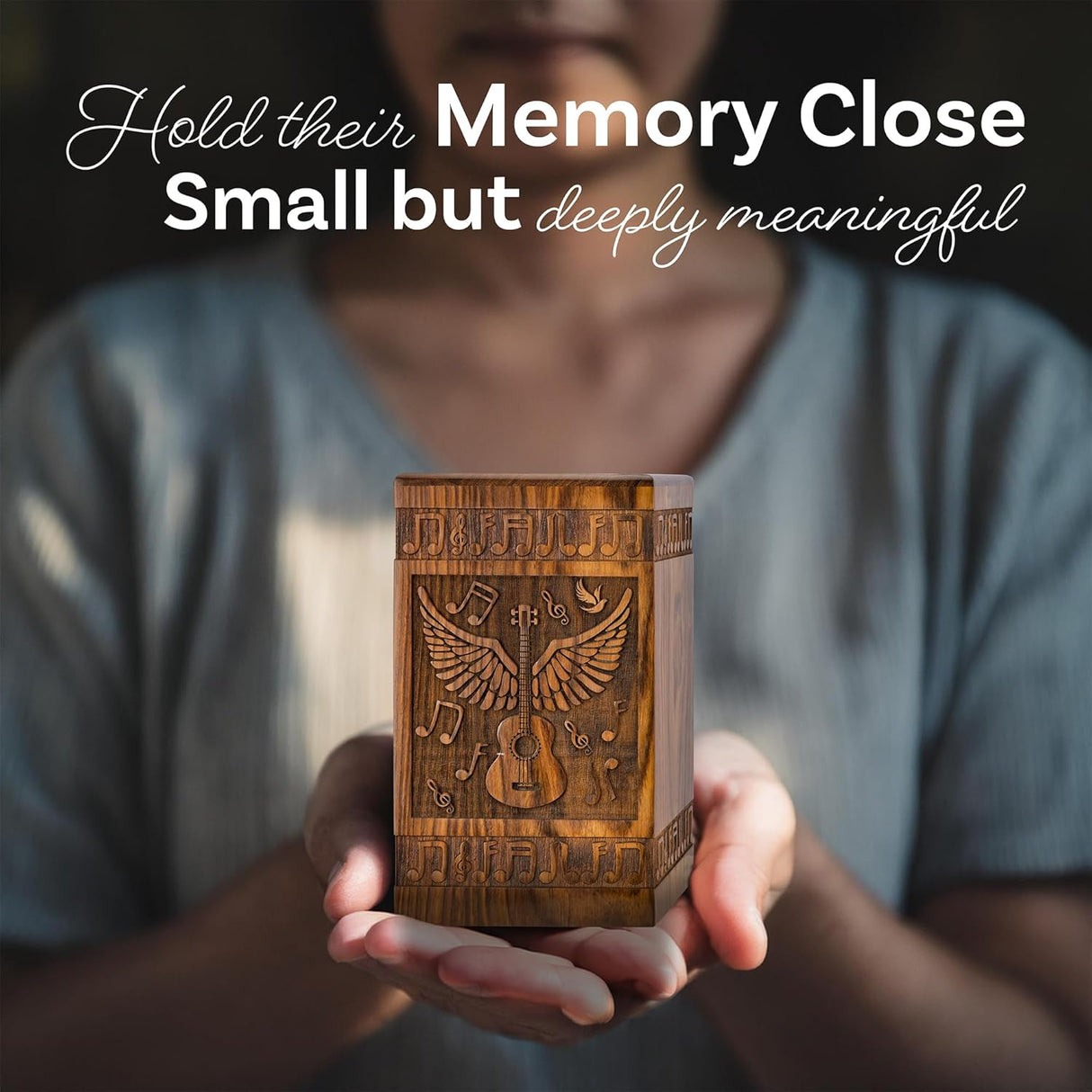 INTAJ Small Wooden Cremation Urns for Human Ashes Adult Male 20 Cubic Inches - Keepsake Urn for Ashes for Women & Men - Angel Wings Guitar Design, Wooden Carved Urn Box, Suitable for Burial & Funeral