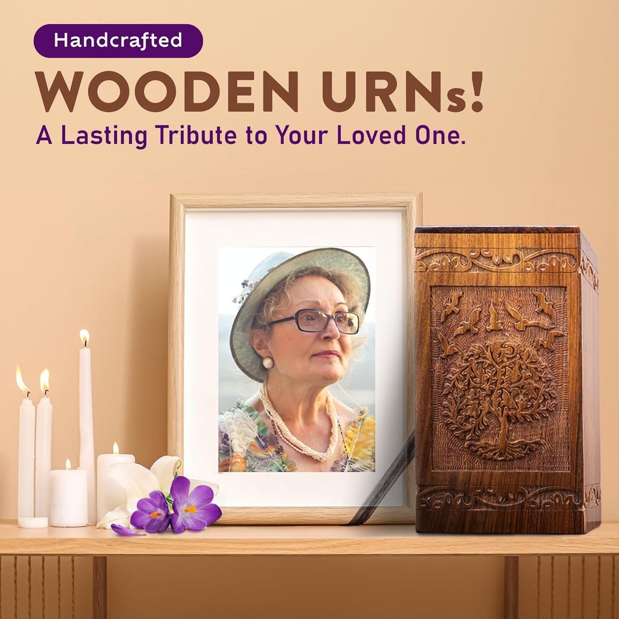 INTAJ Cremation Urns for Ashes – Companion Wooden Tree of Life Urn Box and Casket for Human Ashes of Men, Women, Child, or Pets (Cat/Dog) – Memorial Burial Funeral Urns – Holds 640 Cubic Inches