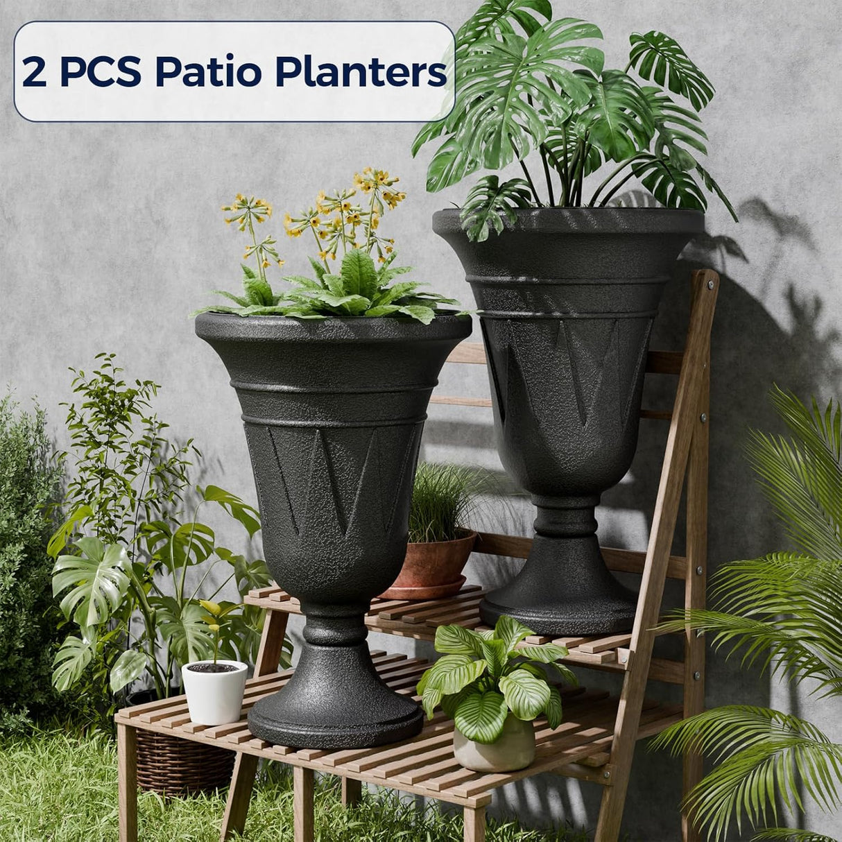 23" Tall Plastic Urn Planter (2-Pack) – Planters for Outdoor Plants with Drainage Holes & Trophy Design, Heavy-Duty Classic Indoor Large Flower Pots for Home Garden, Front Porch & Decor, Black