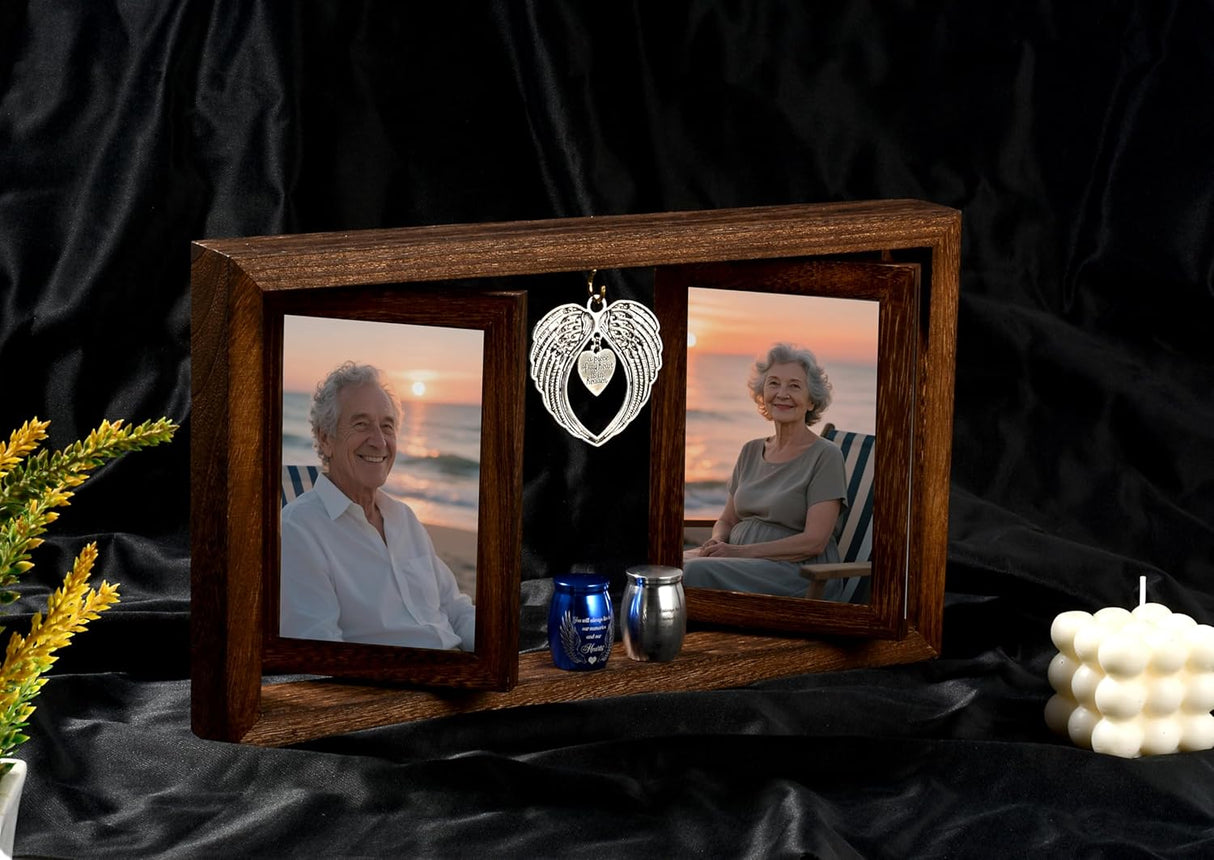 Double Urns for Ashes with Rotating Photo Frame - Companion Memorial Dual Mini Urn Set for Two Adults - Holds Two 6" Photos - Small Keepsake Urns for Mom & Dad