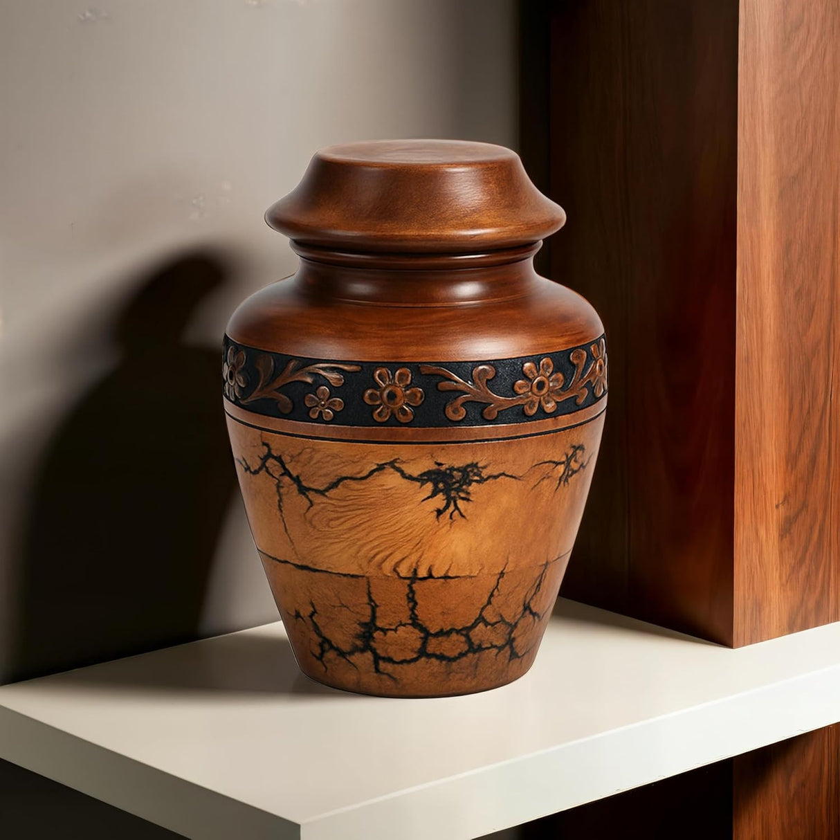 Wooden Cremation Urn with Fractal Design, Black Resin Inlay, Adult Size for Man and Women Decorative Handcrafted urn. (Small Keepsake (20 Cu in))