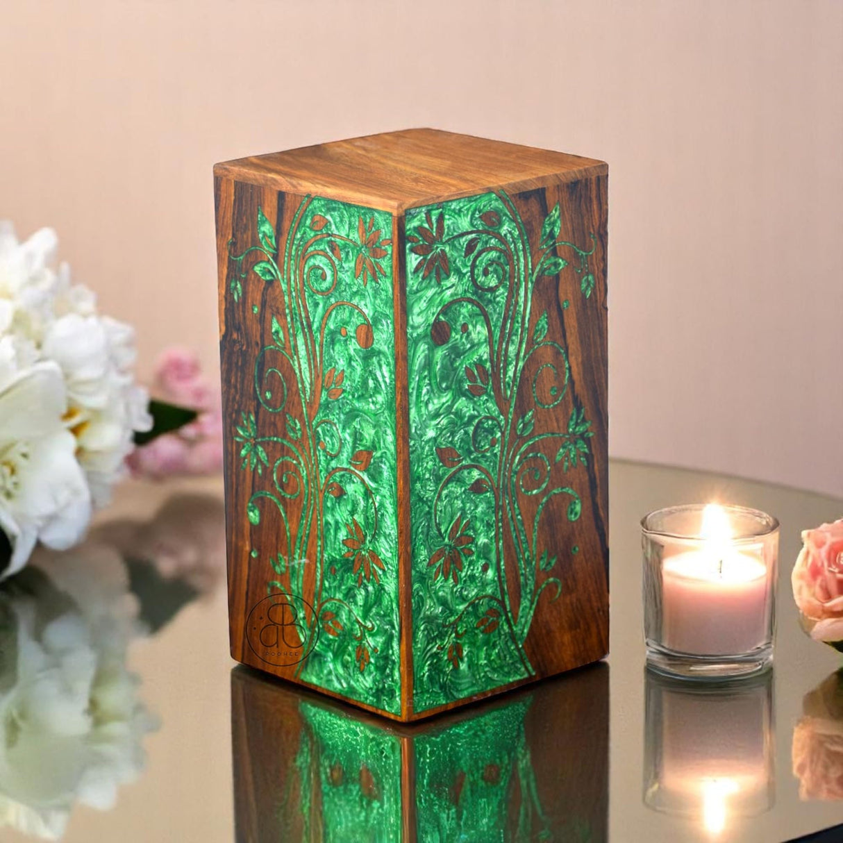 Handcrafted Rosewood Urn Box with Double Side Resin | Memorial Keepsake Box | Funeral Cremation Urn for Ashes | Custom Engraved Urn (8"x5"(110Cu/in))