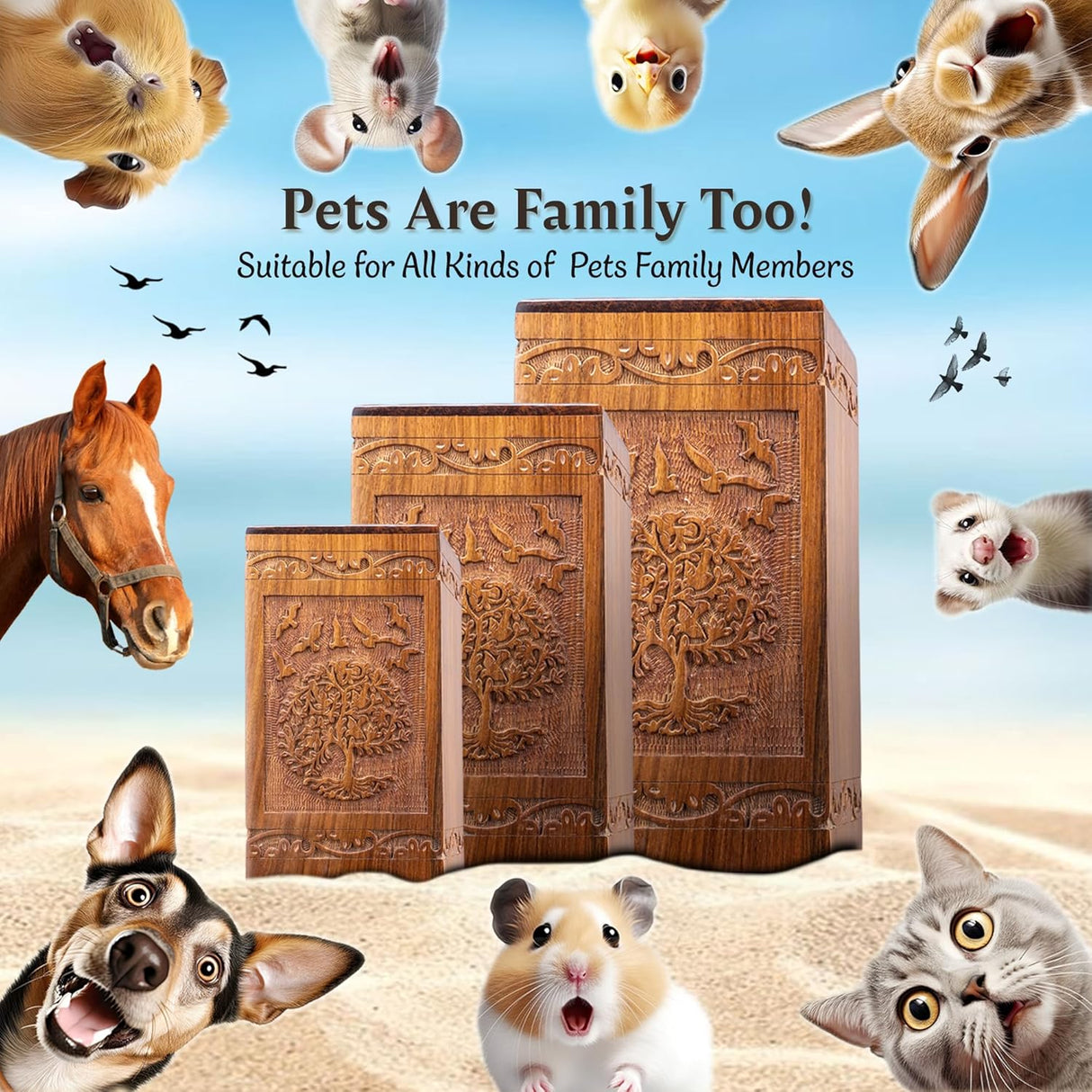 INTAJ Cremation Urns for Ashes – Companion Wooden Tree of Life Urn Box and Casket for Human Ashes of Men, Women, Child, or Pets (Cat/Dog) – Memorial Burial Funeral Urns – Holds 640 Cubic Inches