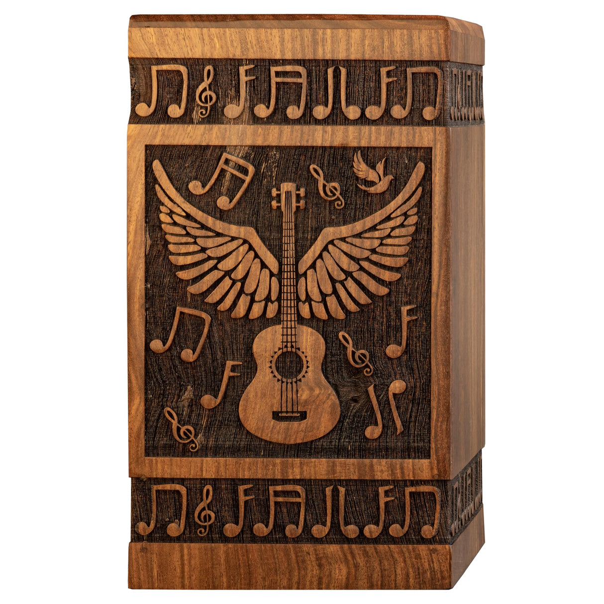 INTAJ Small Wooden Cremation Urns for Human Ashes Adult Male 20 Cubic Inches - Keepsake Urn for Ashes for Women & Men - Angel Wings Guitar Design, Wooden Carved Urn Box, Suitable for Burial & Funeral