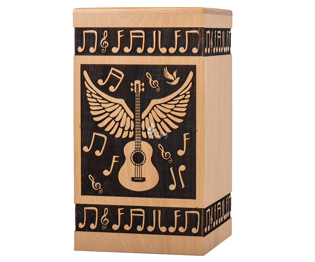 INTAJ Small Wooden Cremation Urns for Human Ashes Adult Male 20 Cubic Inches - Keepsake Urn for Ashes for Women & Men - Angel Wings Guitar Design, Wooden Carved Urn Box, Suitable for Burial & Funeral