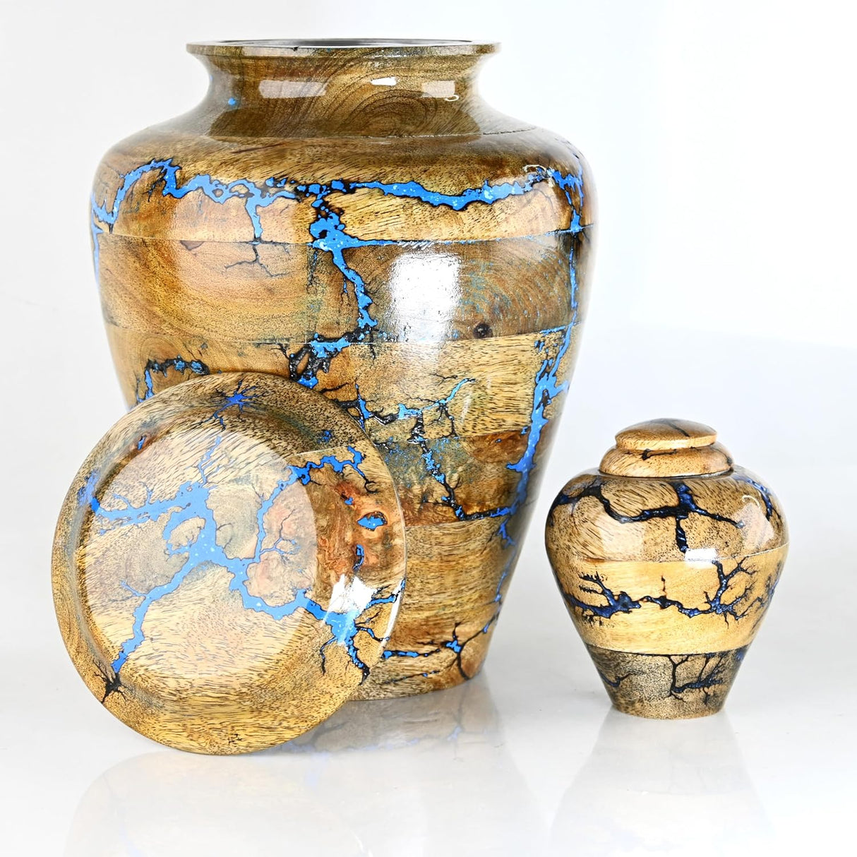 Solid Hand Turned Wooden Urns for Human Ashes Male/Female - Cremation Urns for Men/Women, Blue Decorative Urns for Ashes, Funeral Urns for Adults | X-Large (8x8x11, 250 lbs or 111.39 kg)