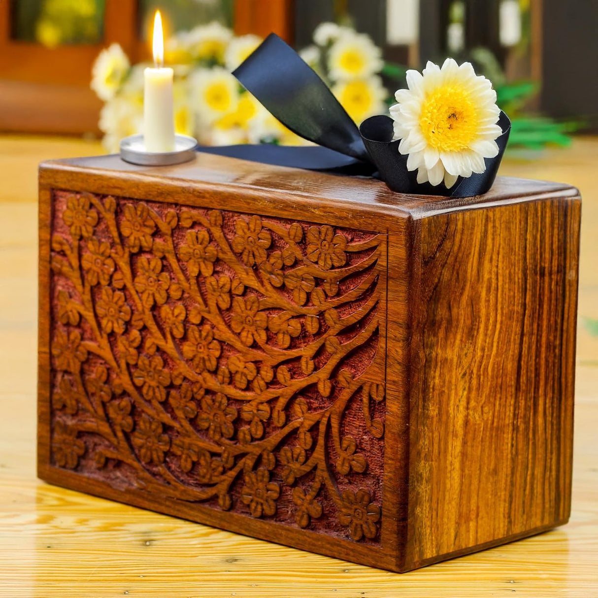 Artisans Crafted Premium Rosewood Decorative Hand Carved Wooden Urns | Carved with Precision | Memorial Wooden Urns for Loved Ones | Nagina International (X-Large)