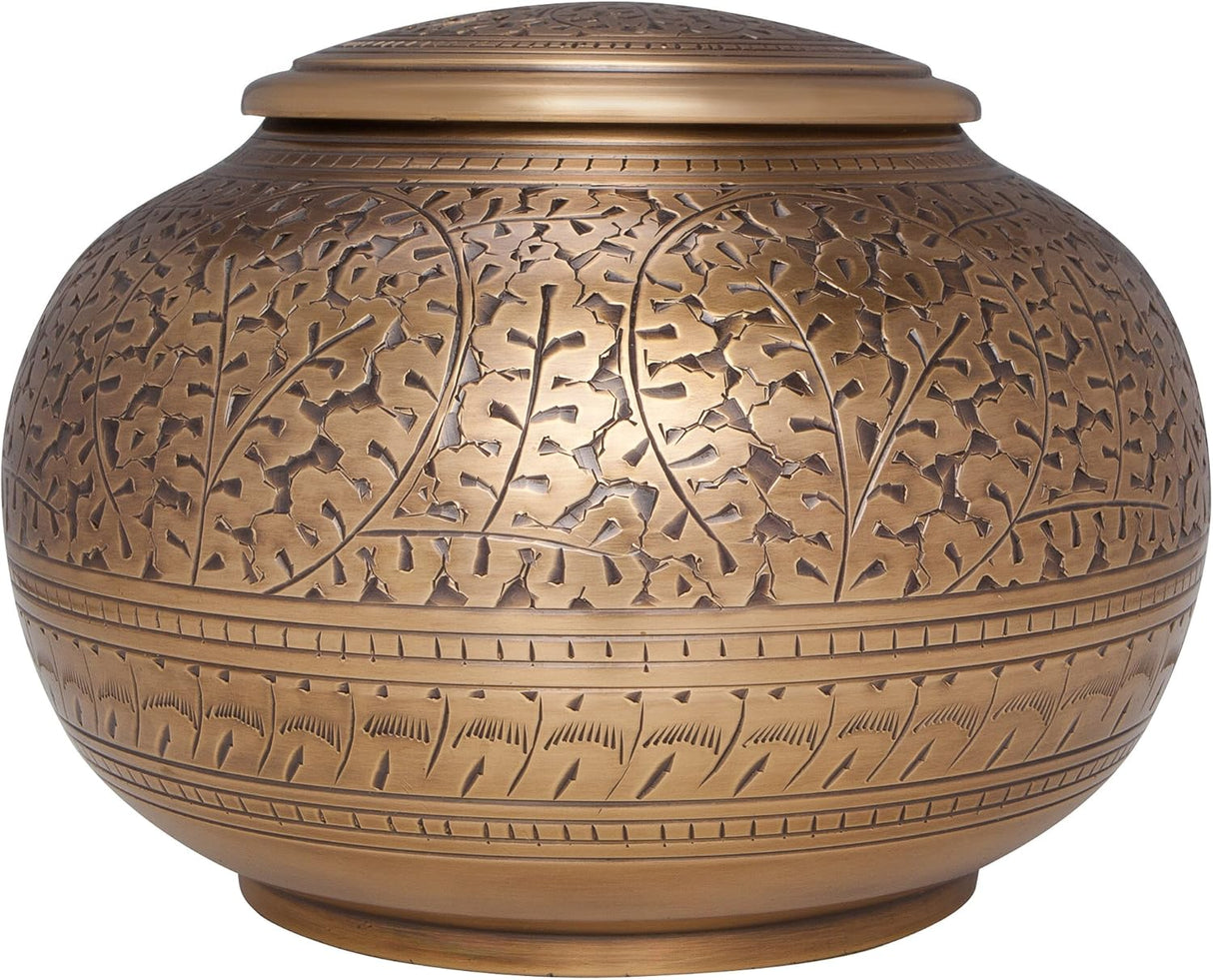 Antique Bronze Brass Cremation Urn - Low Profile Vignette Model fremation urn for Human Ashes - Suitable for Cemetery Burial or Niche - Large Size fits Remains of Adults up to 180 lbs