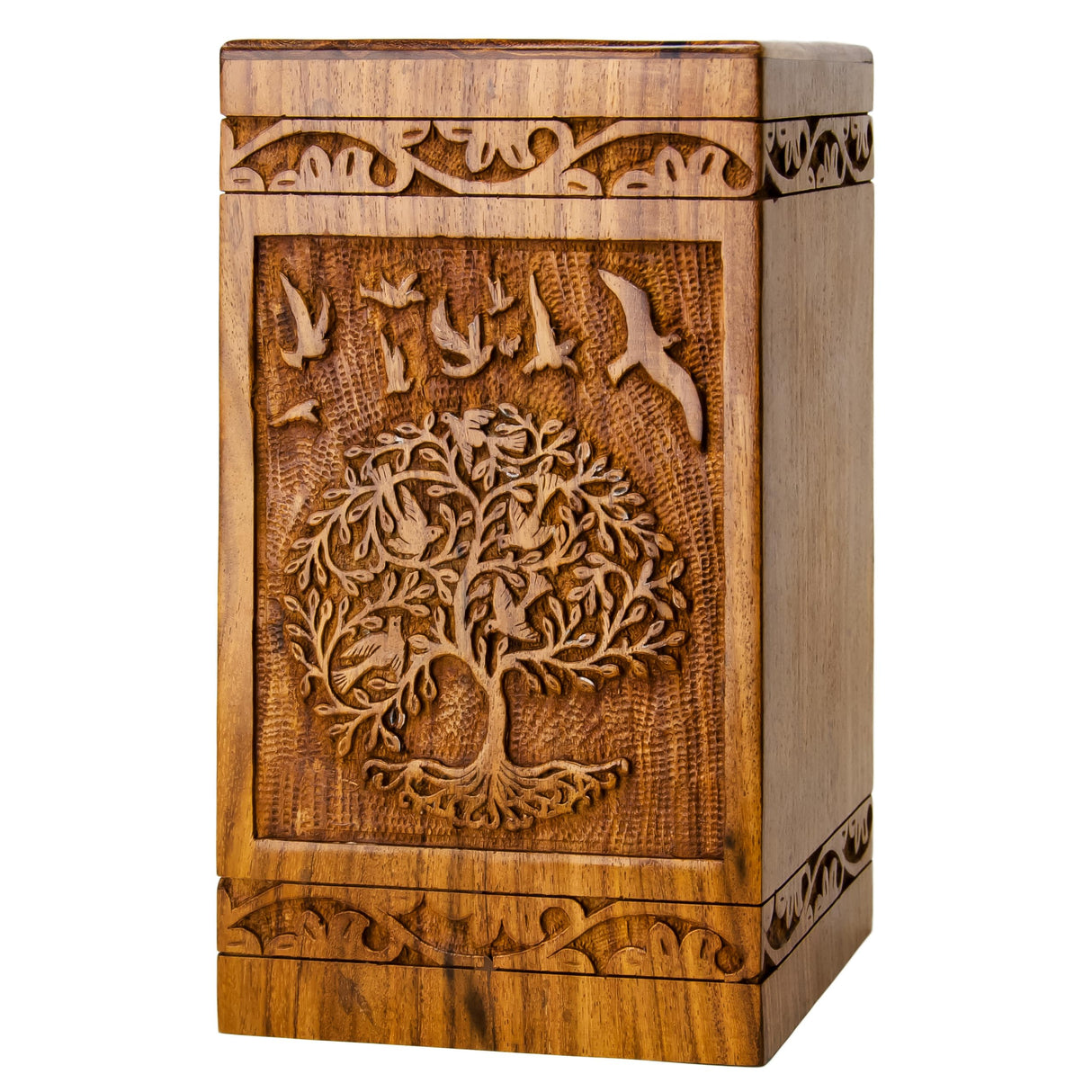 INTAJ Cremation Urns for Ashes – Companion Wooden Tree of Life Urn Box and Casket for Human Ashes of Men, Women, Child, or Pets (Cat/Dog) – Memorial Burial Funeral Urns – Holds 640 Cubic Inches