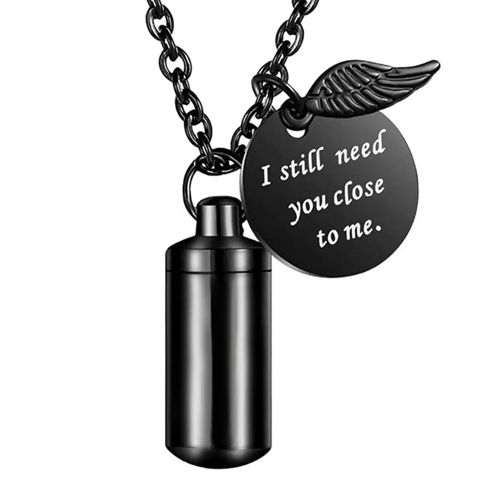 Black Memorial Urns Necklace with Wing Charm