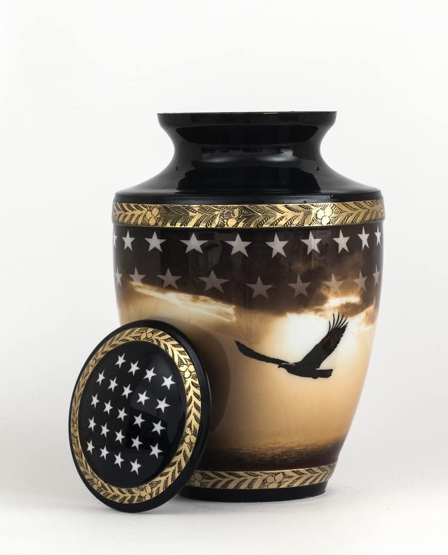 Patriotic Cremation Urn for Human Ashes Adult Male, Navy Blue Funeral American Veteran Cremation Vessel for Men, Designed and Handcrafted in Brass with Care, Military Burial Decorative Ewer