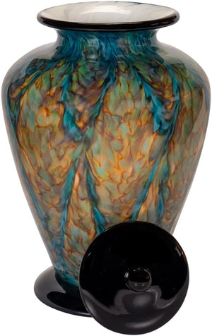 Peacock Hand Blown Glass Cremation Urn for Ashes, Green Urn, Adult Sized Cremation Urn, 12.25 Inches High