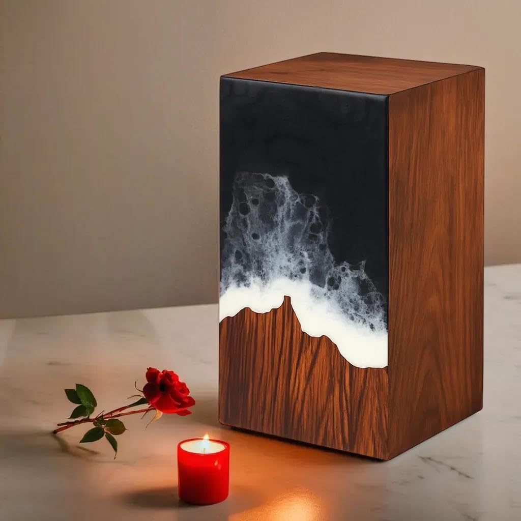 Handcrafted Wooden Cremation Urn with Ocean Epoxy Resin Design – Unique Funeral Urn for Human Ashes – Memorial Ashes Box (Rosewood Black, (Large - 11.25" Hx6.25 W (250 Cu/in))