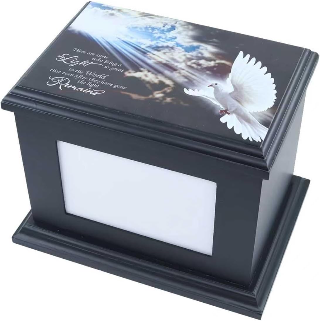 Handcrafted Solid Wooden Box Urns for Adult Human Ashes Male or Female Cremation- Funeral Memorial Urn for Man or Woman with Photo Frame- Keepsake Casket Up to 200 Lbs (Black, L, Dove)