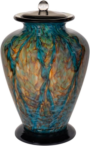Peacock Hand Blown Glass Cremation Urn for Ashes, Green Urn, Adult Sized Cremation Urn, 12.25 Inches High