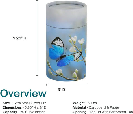 Butterfly Blossom Scattering Tube - Extra Small, Biodegradable Cremation Urn for Ashes, Extra Small Sized Cremation Urn, 5.25 Inches High
