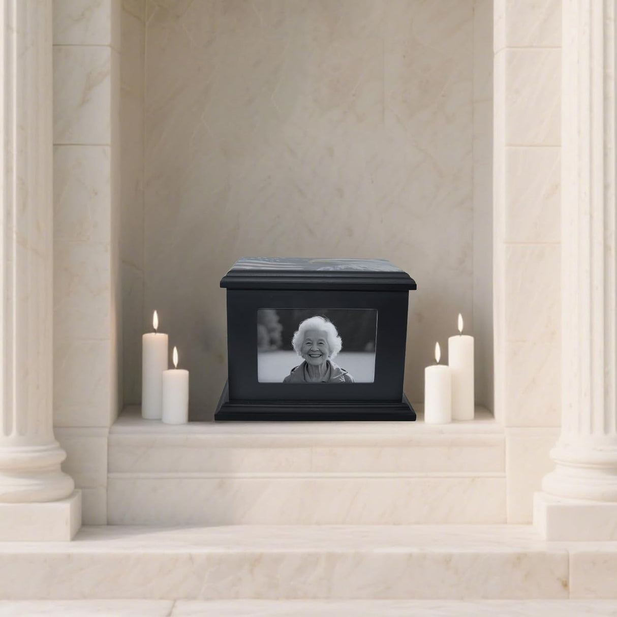Handcrafted Solid Wooden Box Urns for Adult Human Ashes Male or Female Cremation- Funeral Memorial Urn for Man or Woman with Photo Frame- Keepsake Casket Up to 200 Lbs (Black, L, Eagle&Flag)