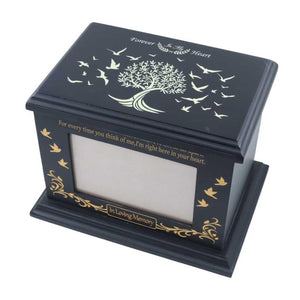 Handcrafted Solid Wooden Box Urns for Adult Human Ashes Male or Female Cremation- Funeral Memorial Urn for Man or Woman with Photo Frame- Keepsake Casket Up to 200 Lbs (Black, L, Dove)