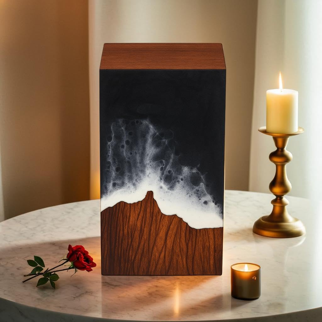 Handcrafted Wooden Cremation Urn with Ocean Epoxy Resin Design – Unique Funeral Urn for Human Ashes – Memorial Ashes Box (Rosewood Black, (Large - 11.25" Hx6.25 W (250 Cu/in))