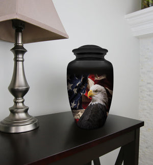 Patriotic Hearts Eagle Urn for Human Ashes | American Flag Cremation Urn for Adults, Veteran, Medium Size, Handmade Funeral Urns with Velvet Bag