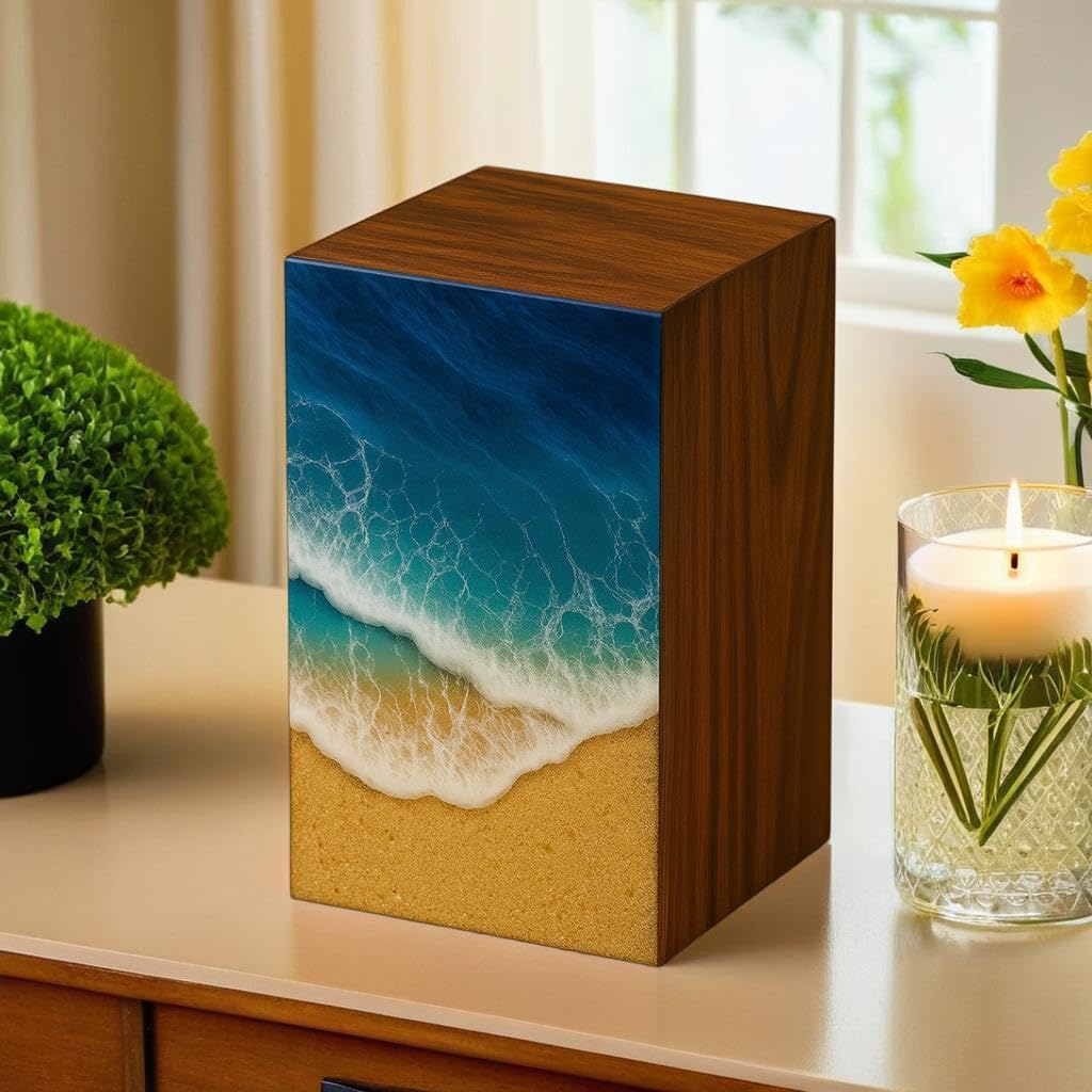 Handcrafted Wooden Ocean Wave Urn for Human Ashes – Epoxy Resin Memorial Urn for Adult Men & Women – Funeral Urn Box – Wooden Cremation Urns (Ocean Serenity Urn, (Large - 11.25" Hx6.25 W (250 Cu/in))
