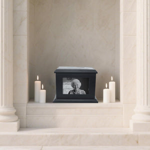 Handcrafted Solid Wooden Box Urns for Adult Human Ashes Male or Female Cremation- Funeral Memorial Urn for Man or Woman with Photo Frame- Keepsake Casket Up to 200 Lbs (Black, L, Dove)