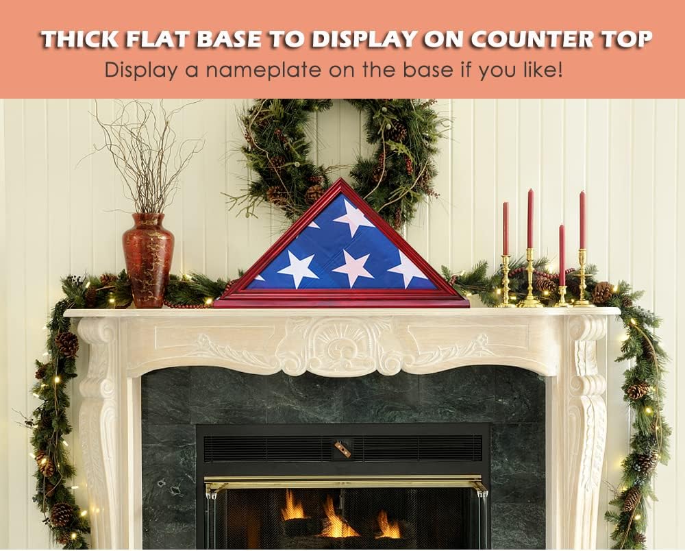 Flag Display Case Triangle Military Shadow Box with Flat Base Fits a Folded 5'x9.5' American Veterans Burial Memorial Funeral Flag Real Glass Front Wall Mountable Solid Wood Military Flag Case, CHERRY