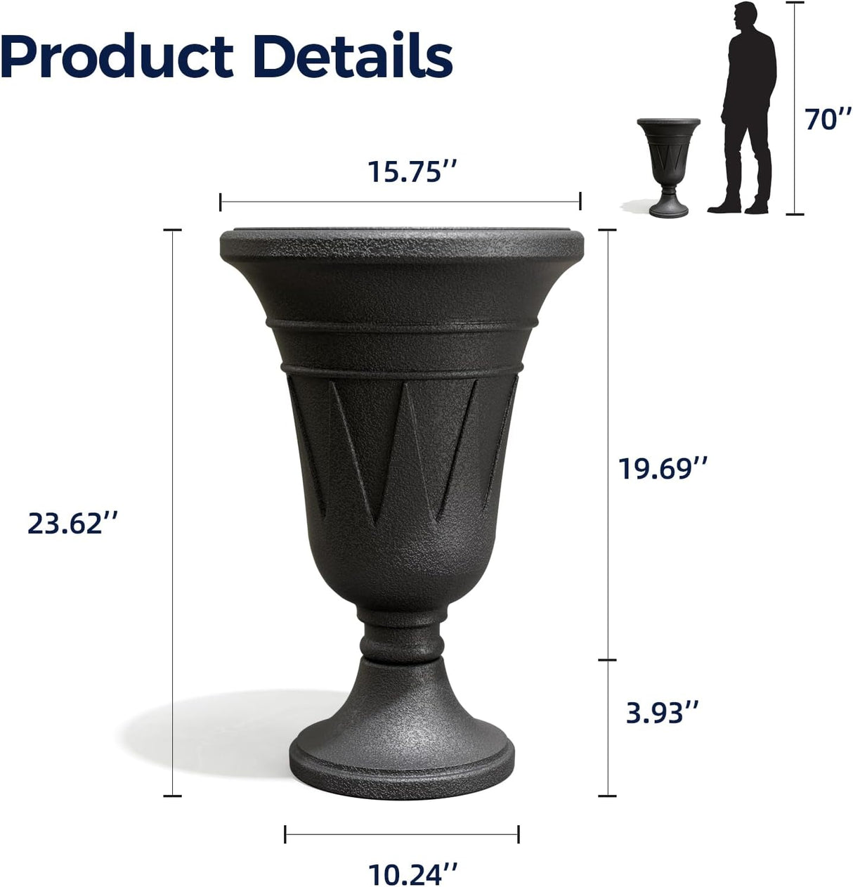 23" Tall Plastic Urn Planter (2-Pack) – Planters for Outdoor Plants with Drainage Holes & Trophy Design, Heavy-Duty Classic Indoor Large Flower Pots for Home Garden, Front Porch & Decor, Black