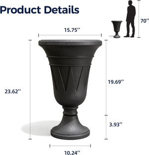 23" Tall Plastic Urn Planter (2-Pack) – Planters for Outdoor Plants with Drainage Holes & Trophy Design, Heavy-Duty Classic Indoor Large Flower Pots for Home Garden, Front Porch & Decor, Black