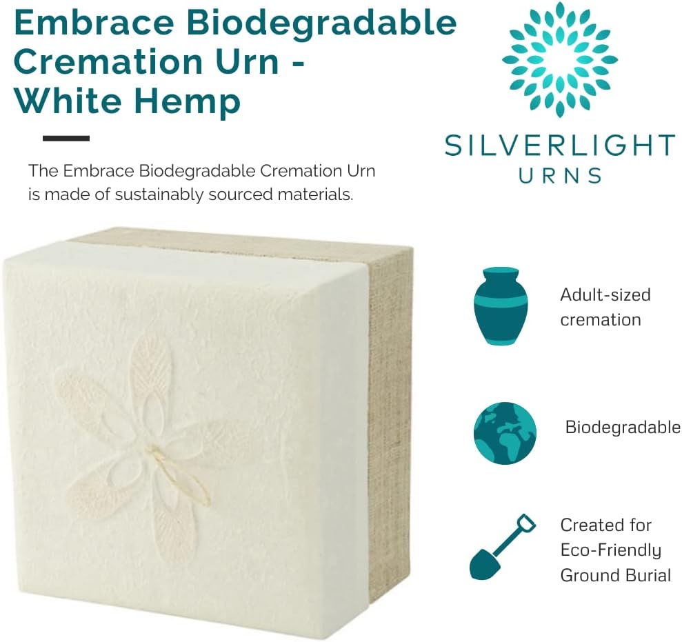 Embrace Biodegradable Urn- White Hemp, Adult Urn, Wood Pulp, Eco-Friendly Urn for Ashes