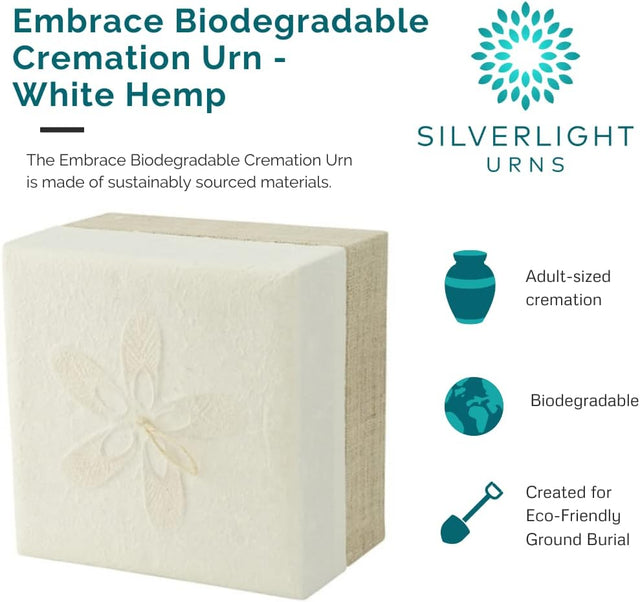 Embrace Biodegradable Urn- White Hemp, Adult Urn, Wood Pulp, Eco-Friendly Urn for Ashes
