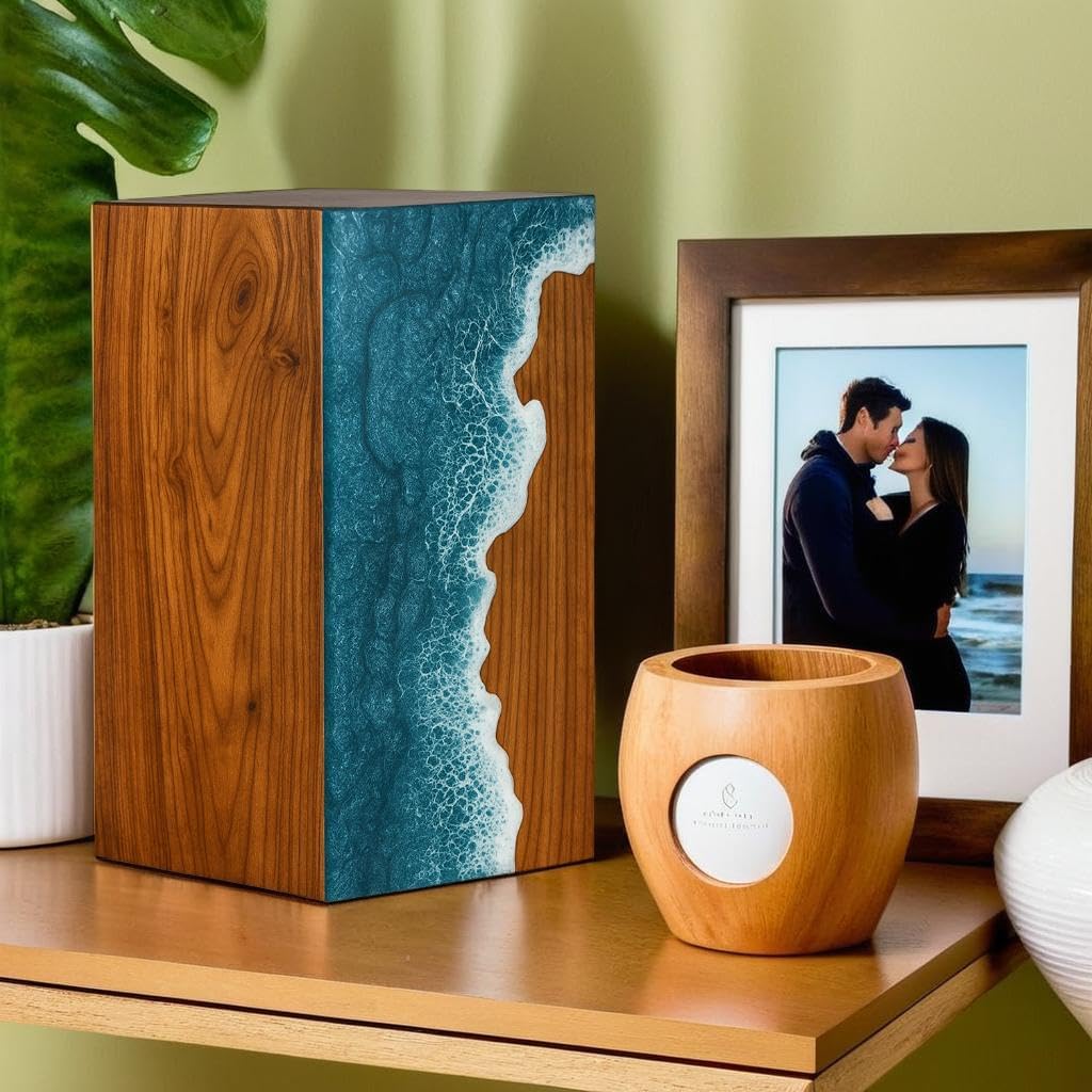 Handcrafted Rosewood & Ocean Wave Epoxy Resin Urn for Ashes – Memorial Cremation Urn Box for Human & Pet Ashes ((Keepsake - 5" Hx4 W (20 Cu/in))
