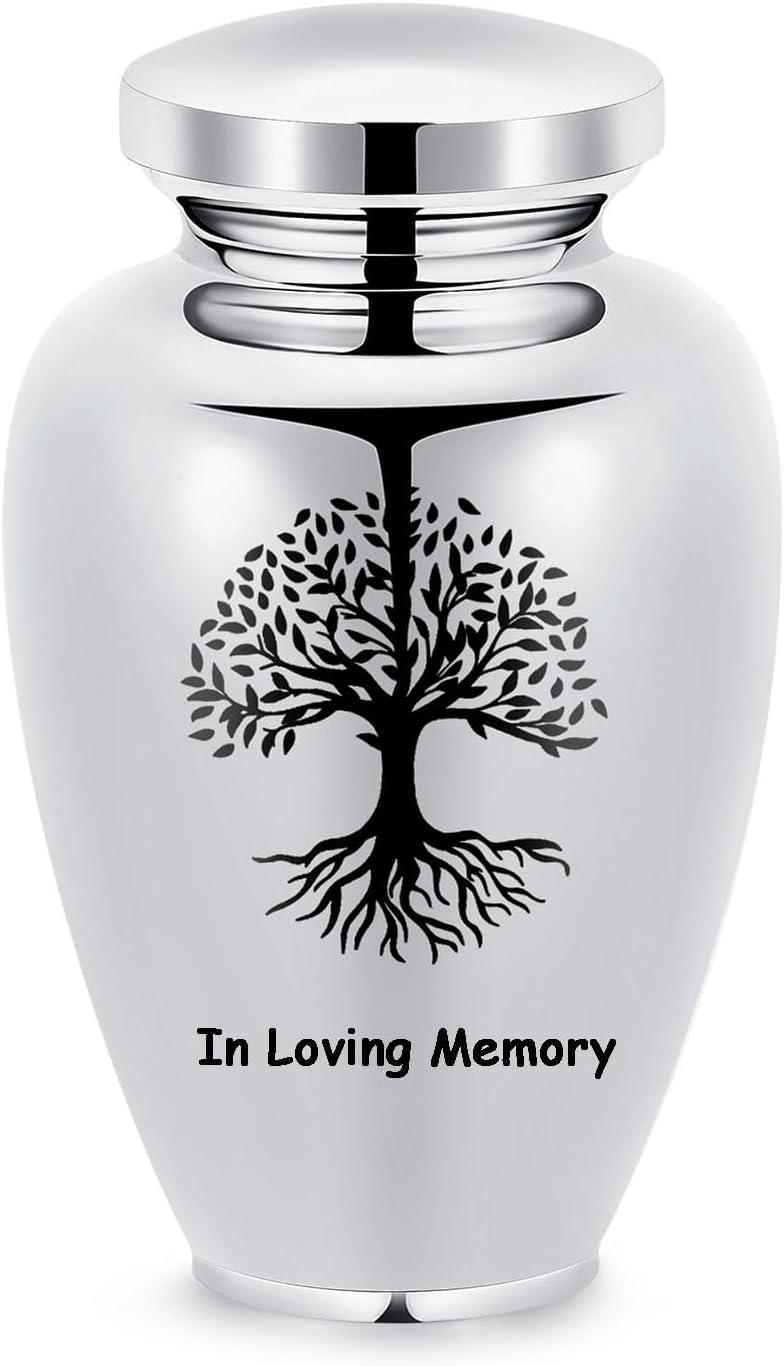 Imrsanl Cremation Urn for Human Ashes Burial Memorial Large Urns for Adult Male Female, Stainless Steel Engraved Butterfly Funeral Decorative Urns Keepsake for Women Men, 220 lbs (Silver-Tree of Life)