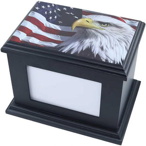 Handcrafted Solid Wooden Box Urns for Adult Human Ashes Male or Female Cremation- Funeral Memorial Urn for Man or Woman with Photo Frame- Keepsake Casket Up to 200 Lbs (Black, L, Eagle&Flag)