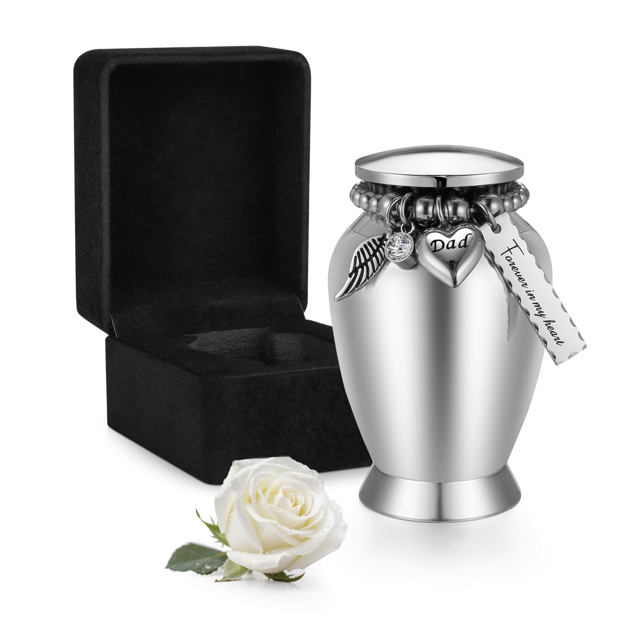 Small Keepsake Urns for Memorial Human Ashes 2.85 Inch with Wing Charm Mini Cremation Urns Stainless Steel