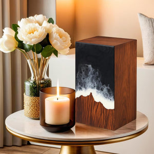 Handcrafted Wooden Cremation Urn with Ocean Epoxy Resin Design – Unique Funeral Urn for Human Ashes – Memorial Ashes Box (Rosewood Black, (Large - 11.25" Hx6.25 W (250 Cu/in))