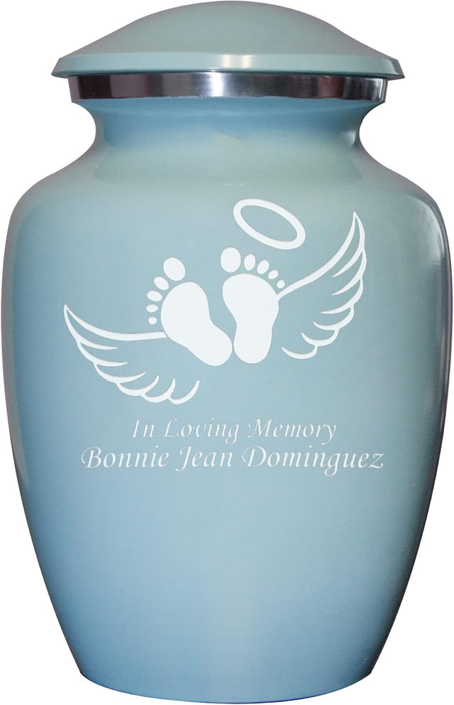 Blue Footprint Angel Wings Cremation Urn for Infants, Babies, Baby Boy, Urn, Ash Urns with Personalized Engraving (Footprint, Small)